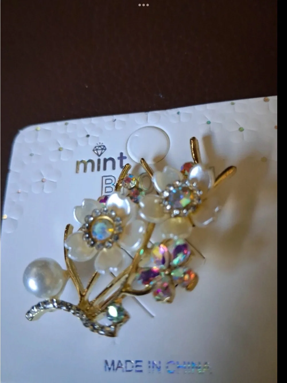Mint Gold Floral Brooch with White Pearls and Iridescent Crystals